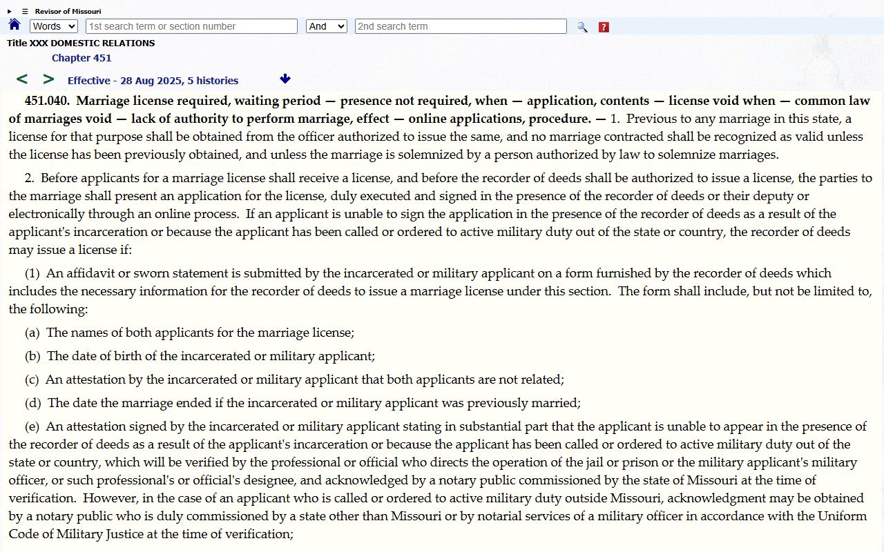 Shelby County marriage records Missouri license statute