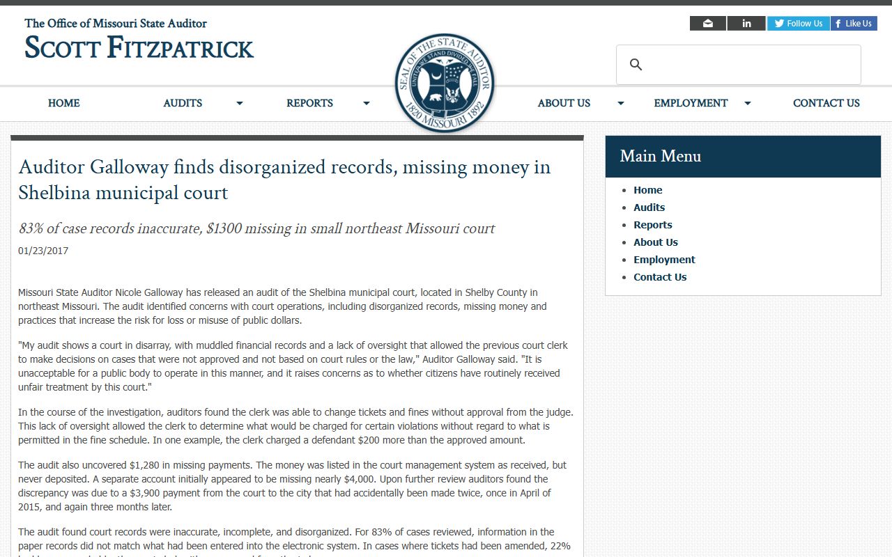 Shelby County traffic court records Shelbina Municipal Court audit source